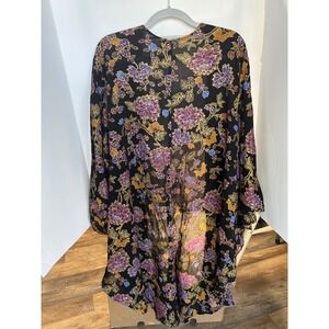 Torrid Kimono Women 1/2 Black Floral Excellent Gold Metallic Open Front Duster